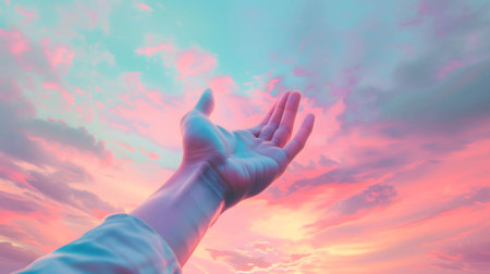 A hand that reaches out and touches the sky represents the need for freedom and successの素材