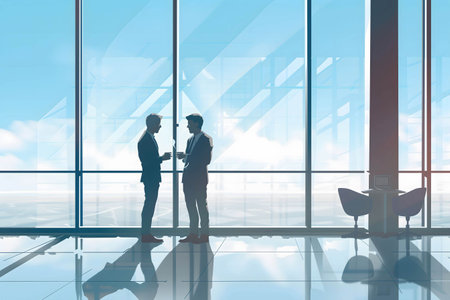 Two businessmen standing holding coffee talking about business, investment, financial growthの素材