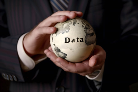 businessman hold globe with word âDataâ represents information technology that is connected in the online worldの素材