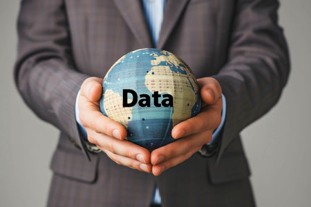 businessman hold globe with word âDataâ represents information technology that is connected in the online worldの素材