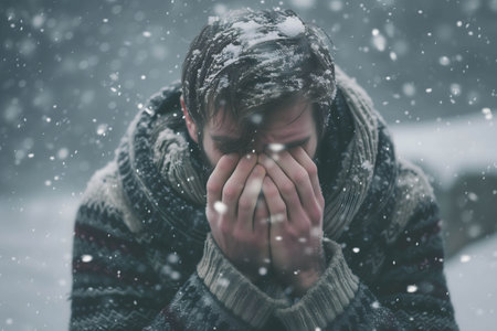 close up a man in a sweater is shivering in the middle of a heavy snowstorm, feeling cold and lonelyの素材