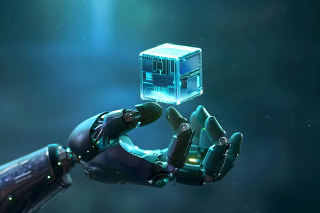 robotic hand holding data and information cube, data management replaced by robots and new technology programs, machine learning technologyの素材