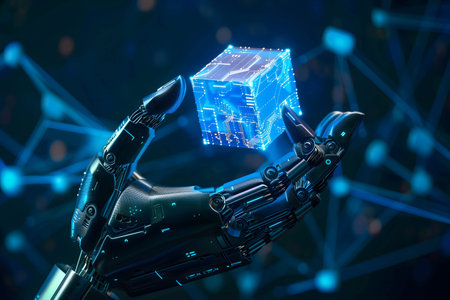 robotic hand holding data and information cube, data management replaced by robots and new technology programs, machine learning technologyの素材