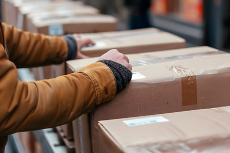 A freight forwarder or delivery is inspecting a package and check the product at the shipping pointの素材