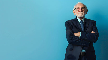 Portrait of old confident and happy leader,investor, businessman, manager, freelance on blue background copy spaceの素材