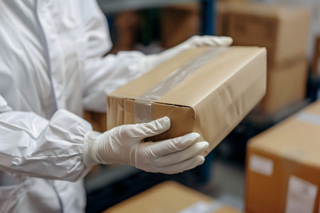 A freight forwarder or delivery is inspecting a package and check the product at the shipping pointの素材
