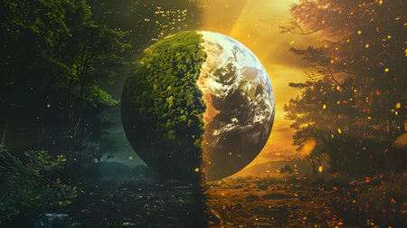 two part of globe earth, beautiful green world on the left side and dry world on the right side, caring for the environment and the world conceptの素材
