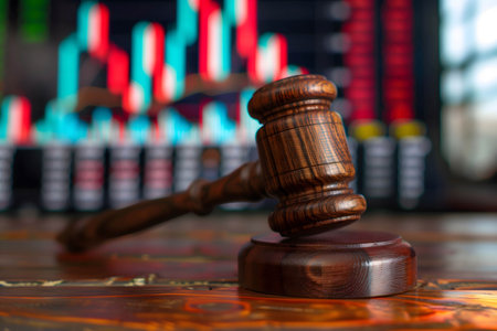 gavel with stock market background, laws and punishments for investors or executives who commit wrongdoing in investing in stock marketの素材