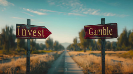 Investment or gamble in stock market concept, a sign on the road that word âInvestâ and "Gamble"の素材