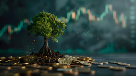 Plants or tree growing on a pile of coins on the table. stock market chart background, financial growth and financial freedom conceptの素材