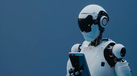 robotic using mobile phone or smartphone, stealing social media and customer information to deceive or cheatの素材