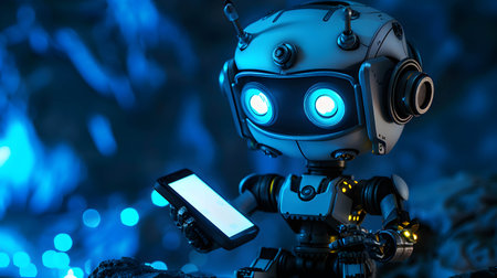 robotic using mobile phone or smartphone, stealing social media and customer information to deceive or cheatの素材