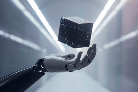Big data, machine learning, blockchain and AI algorithm the new technology change the world concept, hand of robotic hold floating digital cubeの素材