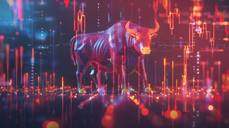 bull market and stock candle chart in digital technology background, uptrend in stock or currency marketの素材