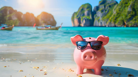 piggy bank with sunglasses placed on the beautiful beach, Saving money for travel and relaxationの素材