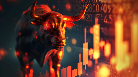 bull market and stock candle chart in digital technology background, uptrend in stock or currency marketの素材