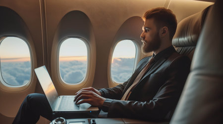 businessman working on laptop in plane, time management and working efficiently, traveling and working togetherの素材