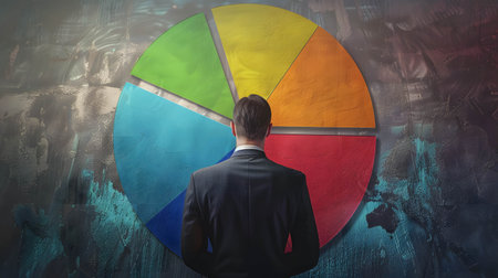 Diversification of investment or asset allocation or portfolio management on stock and fund concept, businessman or investor or trader looking for pie chartの素材