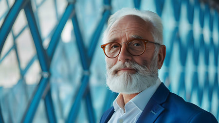 confident old businessman or investor or manager on blue abstract backgroundの素材