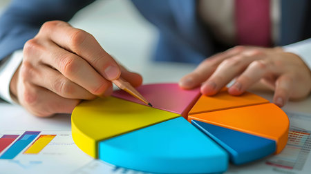 Diversification of investment or asset allocation or portfolio management on stock and fund concept, businessman or investor or trader looking for pie chartの素材