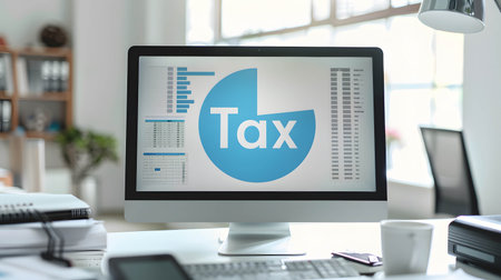 Tax planning helps improve efficiency in money management, monitor screen pie chart and word âTaxâ, tax planning conceptの素材
