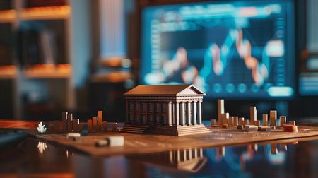 bank model on the table with stock market background, financial institutions that control monetary and fiscal policy and interest rateの素材