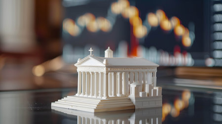 bank model on the table with stock market background, financial institutions that control monetary and fiscal policy and interest rateの素材