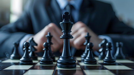 king chess on the board and background is businessman, investing and doing business like playing chess, plan and define strategies conceptの素材