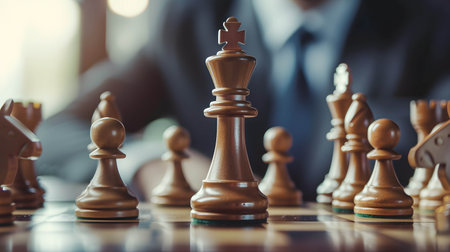 king chess on the board and background is businessman, investing and doing business like playing chess, plan and define strategies conceptの素材