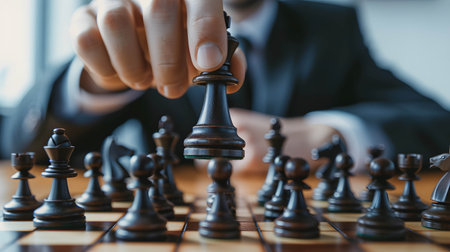 king chess on the board and background is businessman, investing and doing business like playing chess, plan and define strategies conceptの素材