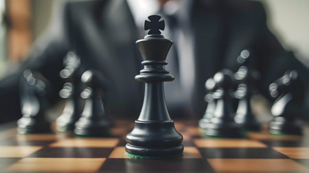king chess on the board and background is businessman, investing and doing business like playing chess, plan and define strategies conceptの素材