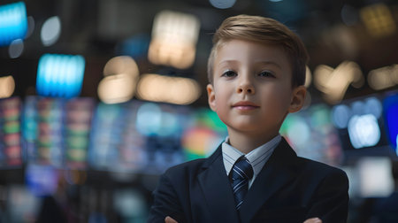 portrait of confident child businessman or investor on stock exchange background, invest at an early age for financial freedom and a happy retirement conceptの素材