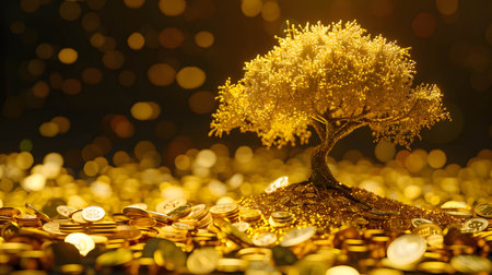 golden tree growing on pile of golden coins, business and investment growth, investment plan  for financial freedom and retirement, asset allocation managementの素材