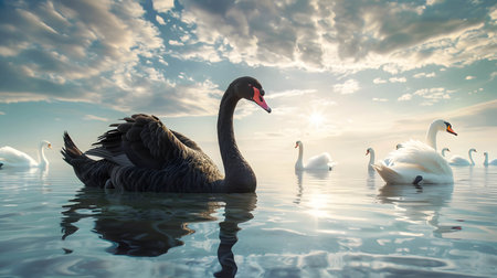 A black swan on the surface of the water among white swans, unexpected events that can occur in  business and investment, stock or currency or cryptocurrency crashの素材