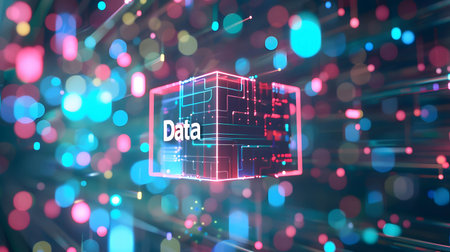 Data connecting in digital network technology, blockchain the new technology transfer digital data or information and exchange digital money, box with text âDataâの素材