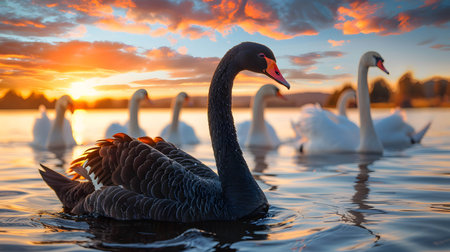 A black swan on the surface of the water among white swans, unexpected events that can occur in  business and investment, stock or currency or cryptocurrency crashの素材