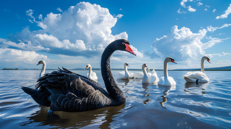 A black swan on the surface of the water among white swans, unexpected events that can occur in  business and investment, stock or currency or cryptocurrency crashの素材