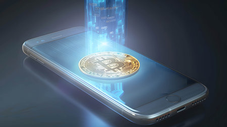 Digital bitcoin or cryptocurrency floating on the smartphone, blockchain and digital money or wallet technologyの素材