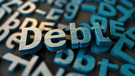 Word âDebtâ on minimal background, Increase in domestic and international debt both production and consumption sectorsの素材