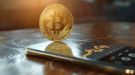 Digital bitcoin or cryptocurrency floating on the smartphone, blockchain and digital money or wallet technologyの素材