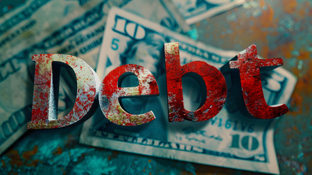 Word âDebtâ on minimal background, Increase in domestic and international debt both production and consumption sectorsの素材