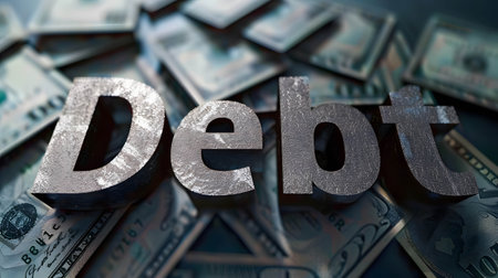 Word âDebtâ on minimal background, Increase in domestic and international debt both production and consumption sectorsの素材