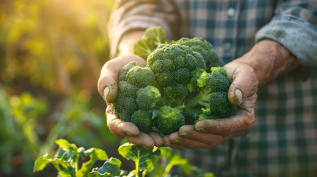 Gardener's hands holding broccoli, organic product from farmの素材