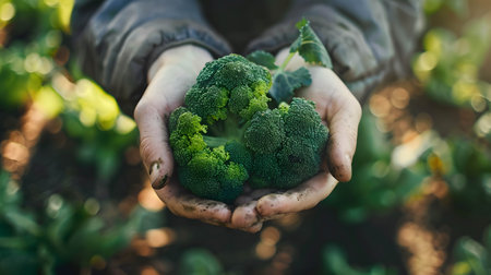 Gardener's hands holding broccoli, organic product from farmの素材