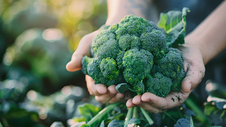 Gardener's hands holding broccoli, organic product from farmの素材