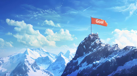 The flag word âGoalâ on the mountain, setting good and clear goals helps you reach your target and achieve success fasterの素材