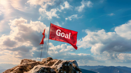 The flag word âGoalâ on the mountain, setting good and clear goals helps you reach your target and achieve success fasterの素材