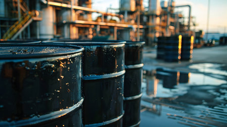 Black oil barrels or cans in the background a large oil storage warehouse or industry or silo, one of the world's most traded commodities and is vital to the economyの素材