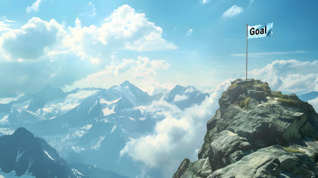 The flag word âGoalâ on the mountain, setting good and clear goals helps you reach your target and achieve success fasterの素材