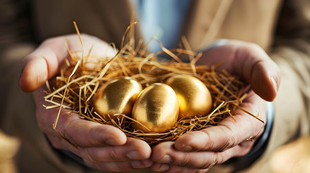 Businessman holding golden goose eggs in straw, Income and return on investment. profit, capital gain, dividend, yield, interest return from investing, value investor conceptの素材